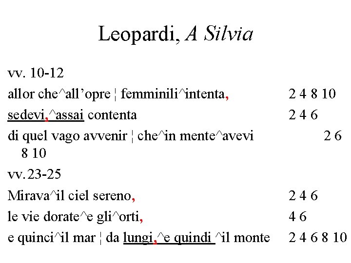 Leopardi, A Silvia vv. 10 -12 allor che^all’opre ¦ femminili^intenta, sedevi, ^assai contenta di