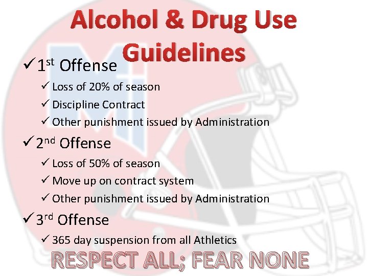 Alcohol & Drug Use Guidelines st ü 1 Offense ü Loss of 20% of