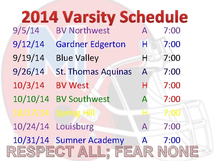 2014 Varsity Schedule 9/5/14 9/12/14 9/19/14 9/26/14 10/3/14 10/10/14 10/17/14 10/24/14 10/31/14 BV Northwest