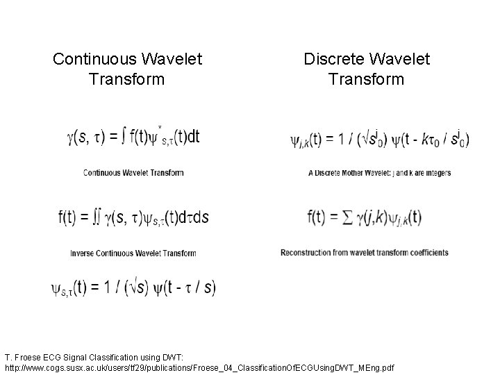Continuous Wavelet Transform Discrete Wavelet Transform T. Froese ECG Signal Classification using DWT: http: