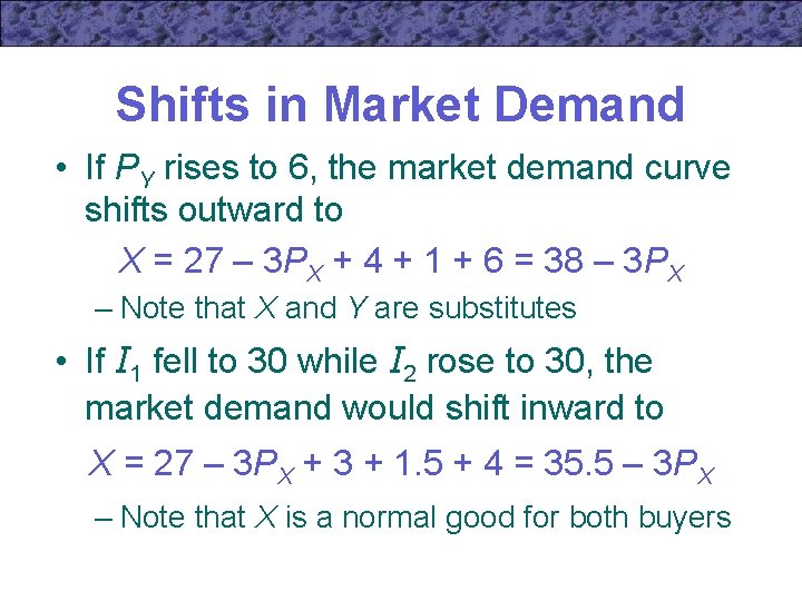 Shifts in Market Demand • If PY rises to 6, the market demand curve