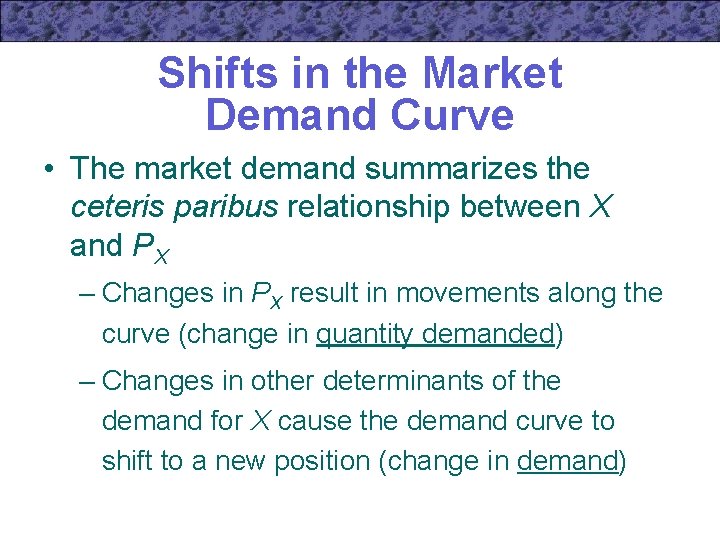Shifts in the Market Demand Curve • The market demand summarizes the ceteris paribus