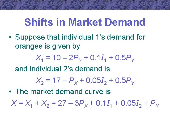 Shifts in Market Demand • Suppose that individual 1’s demand for oranges is given