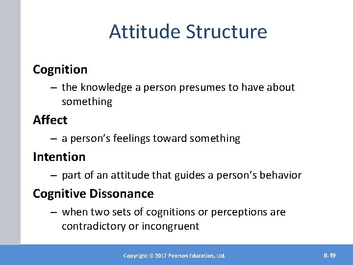 Attitude Structure Cognition – the knowledge a person presumes to have about something Affect