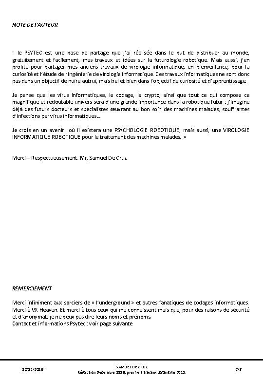 NOTE DE l’AUTEUR " le PSYTEC est une base de partage que j’ai réalisée