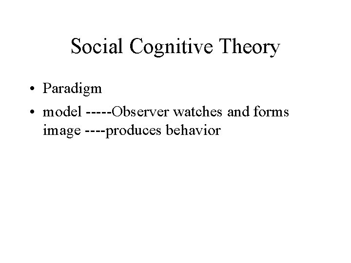 Social Cognitive Theory • Paradigm • model -----Observer watches and forms image ----produces behavior