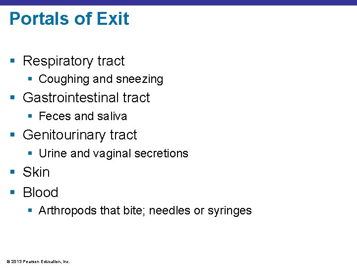 Portals of Exit § Respiratory tract § Coughing and sneezing § Gastrointestinal tract §