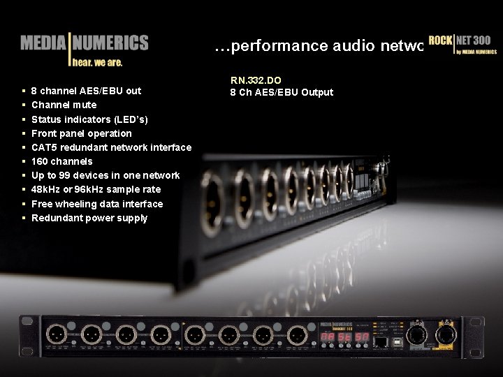 …performance audio networks § 8 channel AES/EBU out § Channel mute § Status indicators