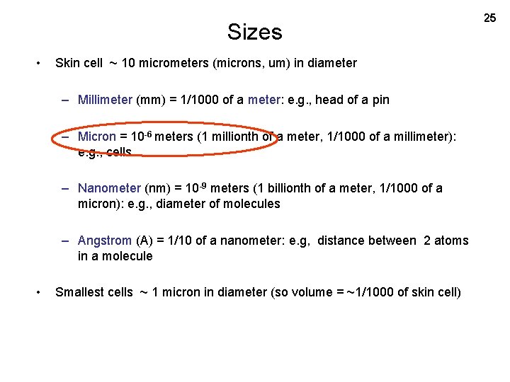 Sizes • Skin cell ~ 10 micrometers (microns, um) in diameter – Millimeter (mm)