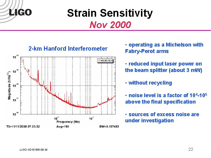 Strain Sensitivity Nov 2000 2 -km Hanford Interferometer • operating as a Michelson with