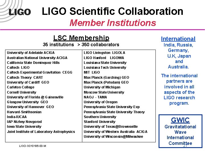 LIGO Scientific Collaboration Member Institutions LSC Membership International 35 institutions > 350 collaborators India,