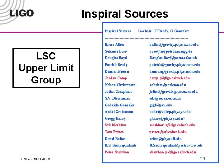 Inspiral Sources Co-chair P Brady, G Gonzalez ---------------------------------- LSC Upper Limit Group LIGO-G 010186