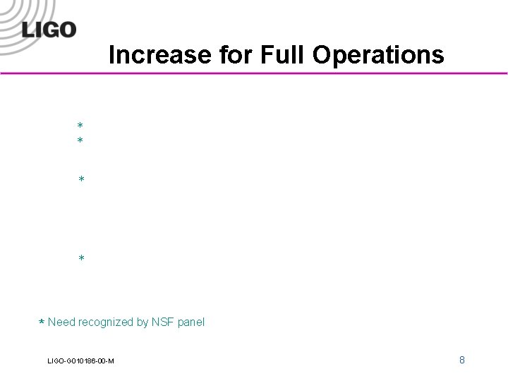 Increase for Full Operations * * * Need recognized by NSF panel LIGO-G 010186