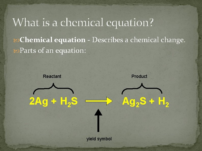What is a chemical equation? Chemical equation - Describes a chemical change. Parts of