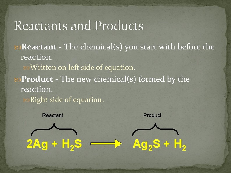 Reactants and Products Reactant - The chemical(s) you start with before the reaction. Written