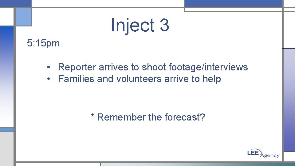 Inject 3 5: 15 pm • Reporter arrives to shoot footage/interviews • Families and