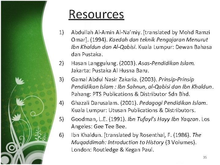 Resources 1) 2) 3) 4) 5) 6) Abdullah Al-Amin Al-Na’miy. [translated by Mohd Ramzi
