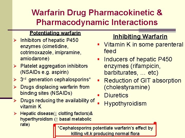 Warfarin Drug Pharmacokinetic & Pharmacodynamic Interactions Ø Ø Ø Potentiating warfarin Inhibitors of hepatic