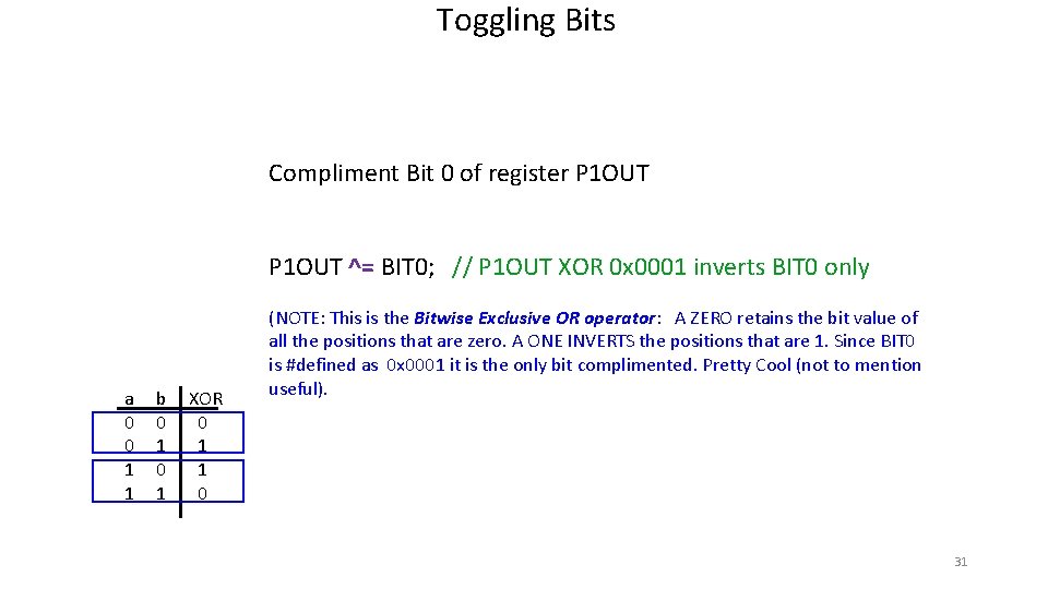 Toggling Bits Compliment Bit 0 of register P 1 OUT ^= BIT 0; //