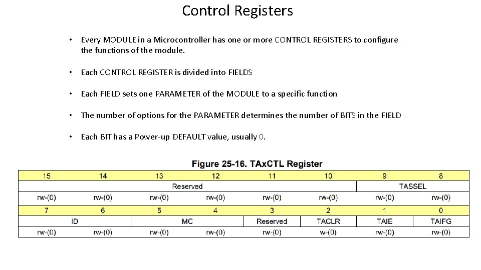 Control Registers • Every MODULE in a Microcontroller has one or more CONTROL REGISTERS