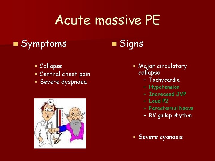 Acute massive PE n Symptoms § Collapse § Central chest pain § Severe dyspnoea