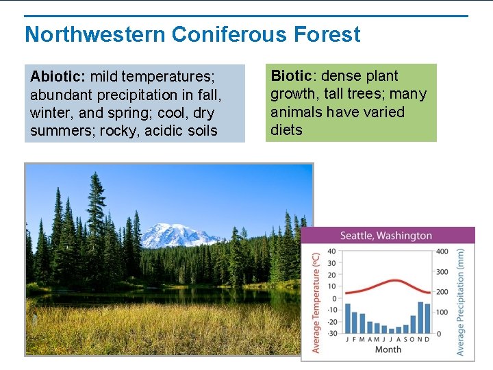 Northwestern Coniferous Forest Abiotic: mild temperatures; abundant precipitation in fall, winter, and spring; cool,