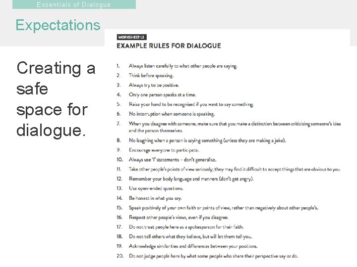 Essentials of Dialogue Expectations Creating a safe space for dialogue. 