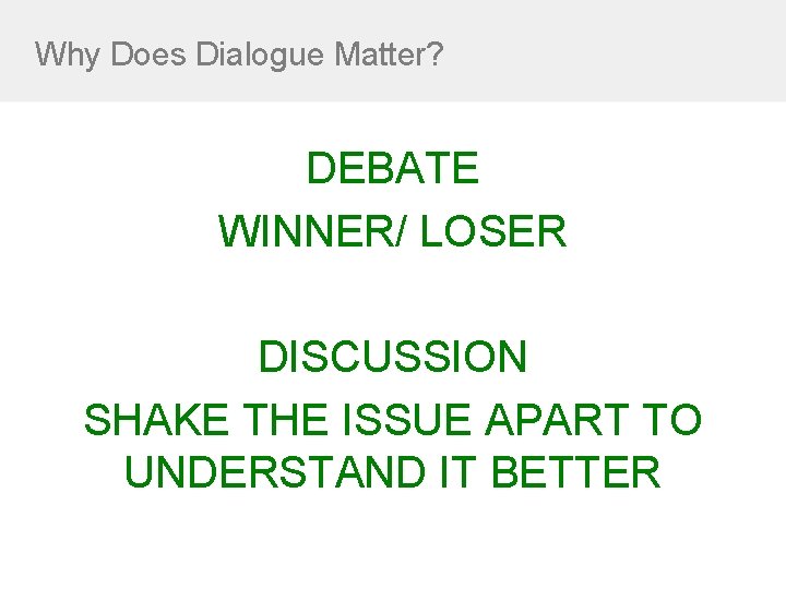 Why Does Dialogue Matter? DEBATE WINNER/ LOSER DISCUSSION SHAKE THE ISSUE APART TO UNDERSTAND
