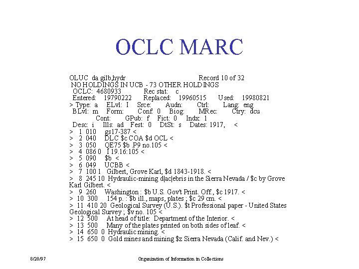 OCLC MARC OLUC da gilb, hydr Record 10 of 32 NO HOLDINGS IN UCB