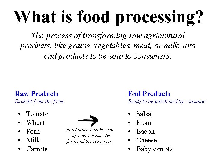 What is food processing? The process of transforming raw agricultural products, like grains, vegetables,