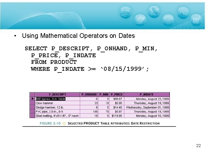  • Using Mathematical Operators on Dates SELECT P_DESCRIPT, P_ONHAND, P_MIN, P_PRICE, P_INDATE FROM