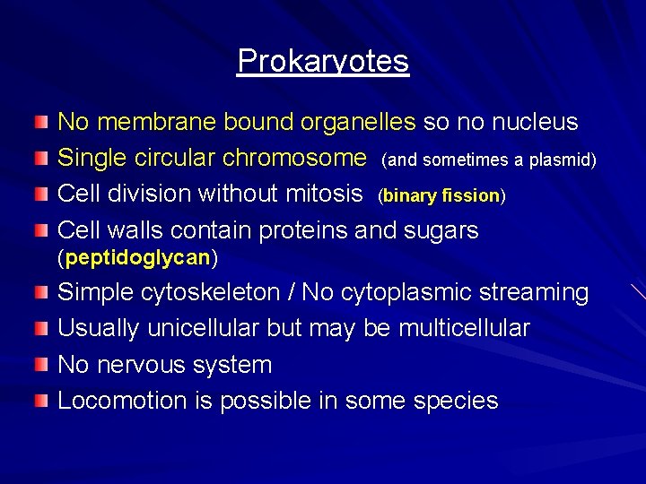 Prokaryotes No membrane bound organelles so no nucleus Single circular chromosome (and sometimes a