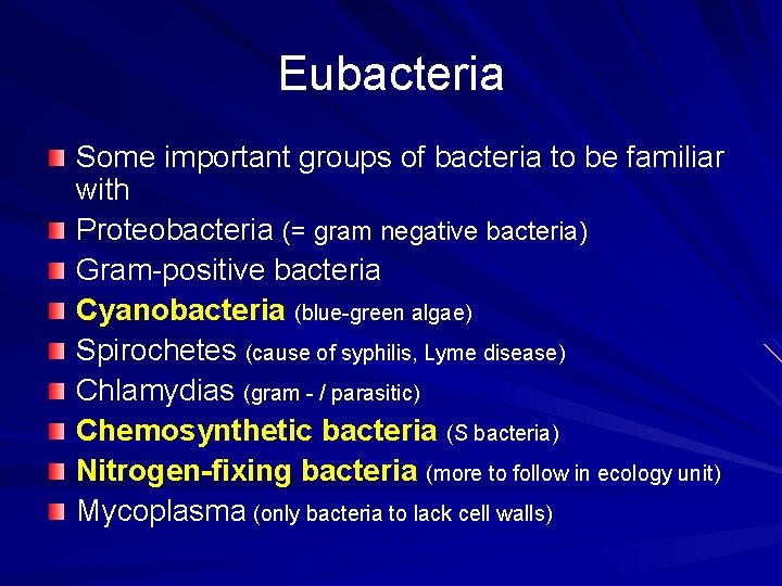 Eubacteria Some important groups of bacteria to be familiar with Proteobacteria (= gram negative