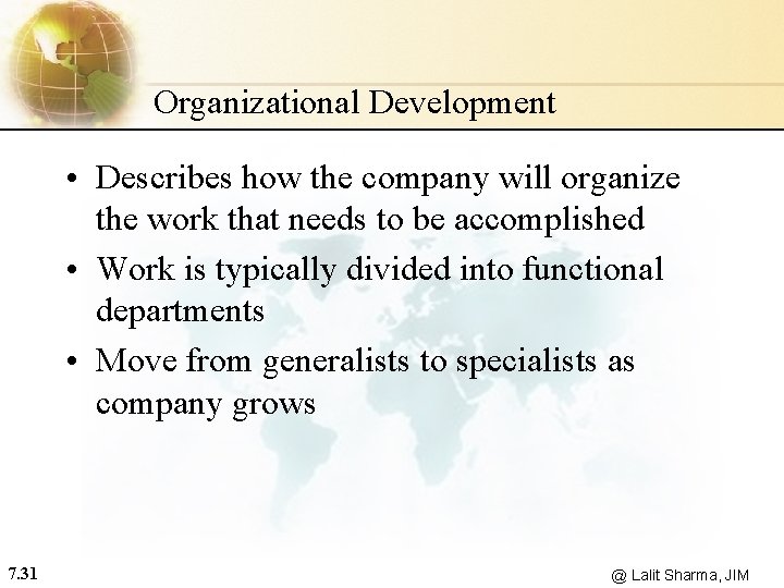 Organizational Development • Describes how the company will organize the work that needs to