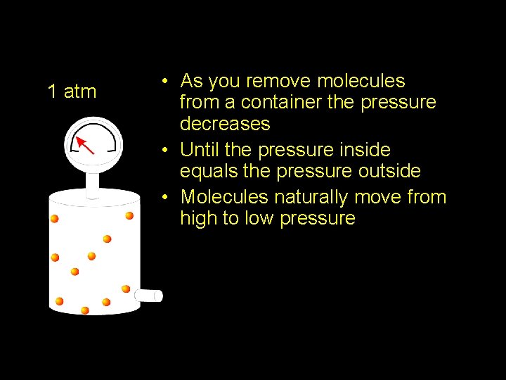 1 atm • As you remove molecules from a container the pressure decreases • 1 atm • As you remove molecules from a container the pressure decreases •