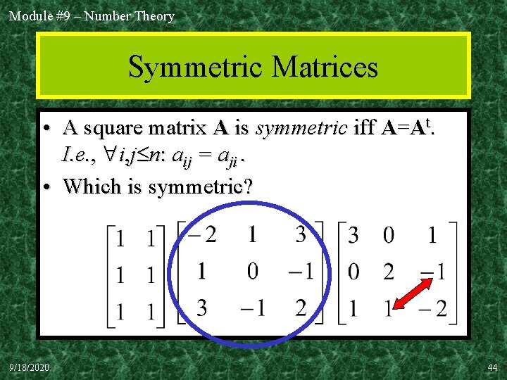 Module #9 – Number Theory Symmetric Matrices • A square matrix A is symmetric