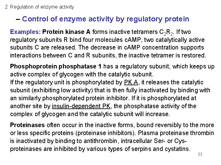 2 Regulation of enzyme activity – Control of enzyme activity by regulatory protein Examples: