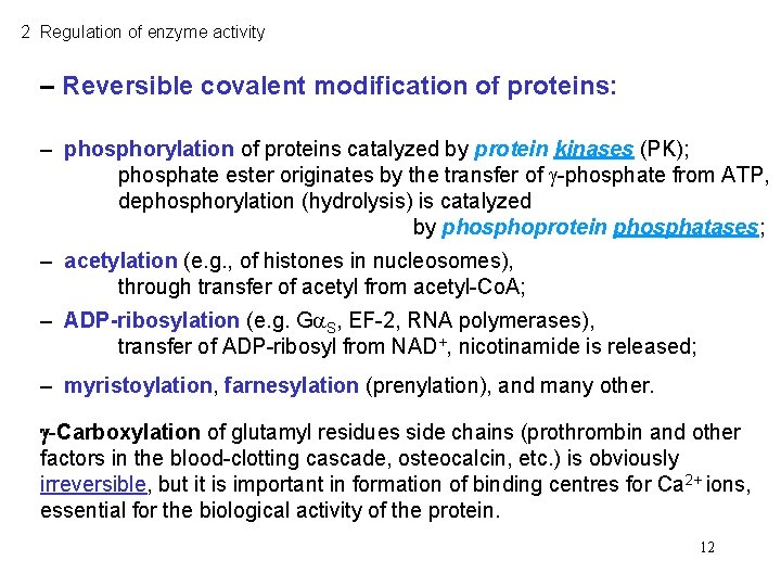 2 Regulation of enzyme activity – Reversible covalent modification of proteins: – phosphorylation of