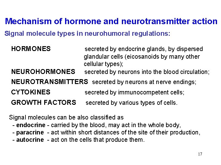 Mechanism of hormone and neurotransmitter action Signal molecule types in neurohumoral regulations: HORMONES secreted