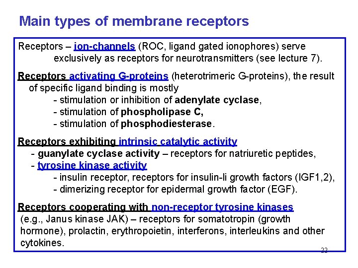 Main types of membrane receptors Receptors – ion-channels (ROC, ligand gated ionophores) serve exclusively