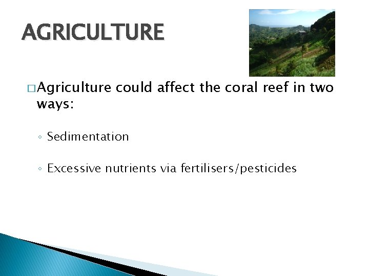 AGRICULTURE � Agriculture ways: could affect the coral reef in two ◦ Sedimentation ◦