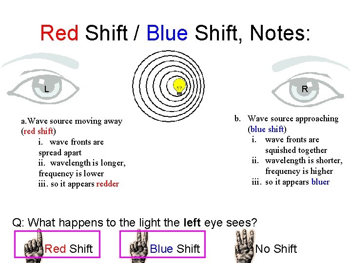 Red Shift / Blue Shift, Notes: L R b. Wave source approaching (blue shift) Red Shift / Blue Shift, Notes: L R b. Wave source approaching (blue shift)