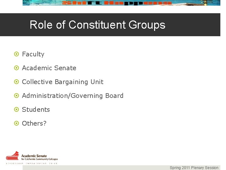 Role of Constituent Groups Faculty Academic Senate Collective Bargaining Unit Administration/Governing Board Students Others?