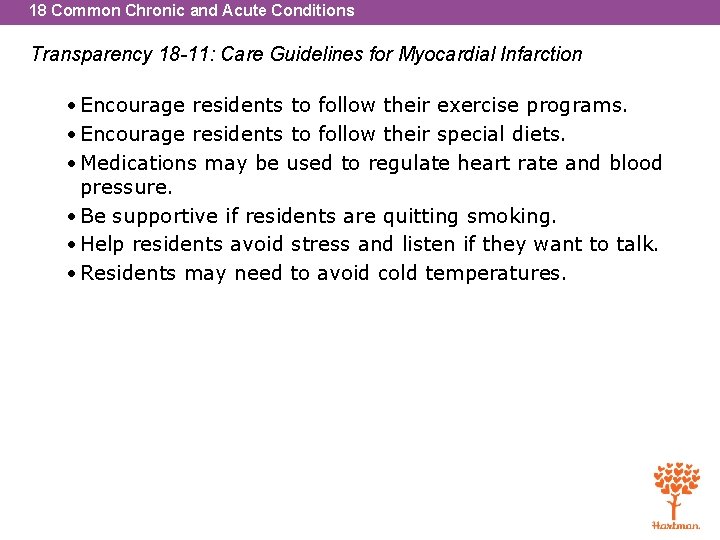 18 Common Chronic and Acute Conditions Transparency 18 -11: Care Guidelines for Myocardial Infarction