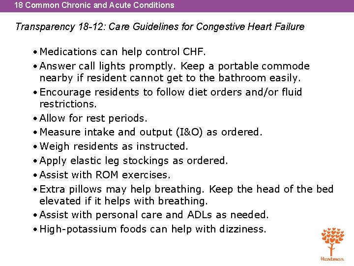 18 Common Chronic and Acute Conditions Transparency 18 -12: Care Guidelines for Congestive Heart
