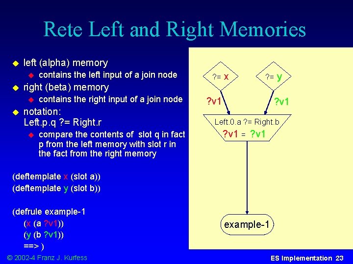 Rete Left and Right Memories u left (alpha) memory u u ? = right