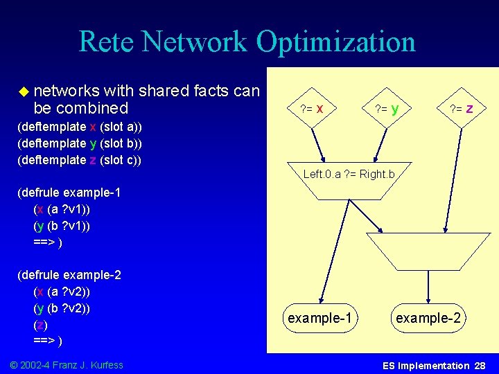 Rete Network Optimization u networks with shared facts can be combined ? = x
