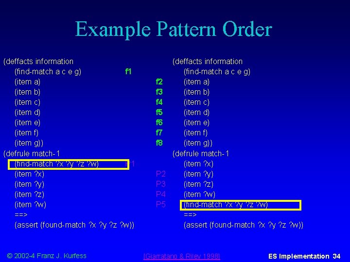 Example Pattern Order (deffacts information (find-match a c e g) f 1 (item a)