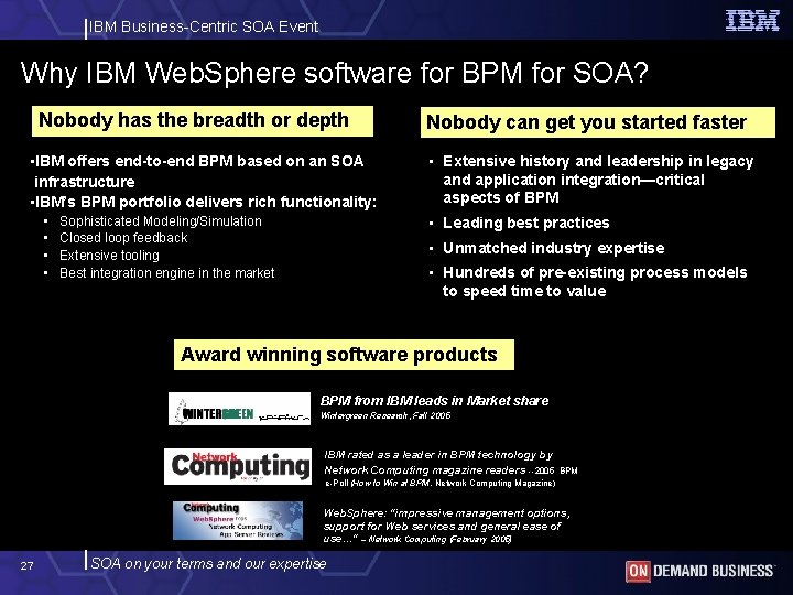 IBM Business-Centric SOA Event Why IBM Web. Sphere software for BPM for SOA? Nobody
