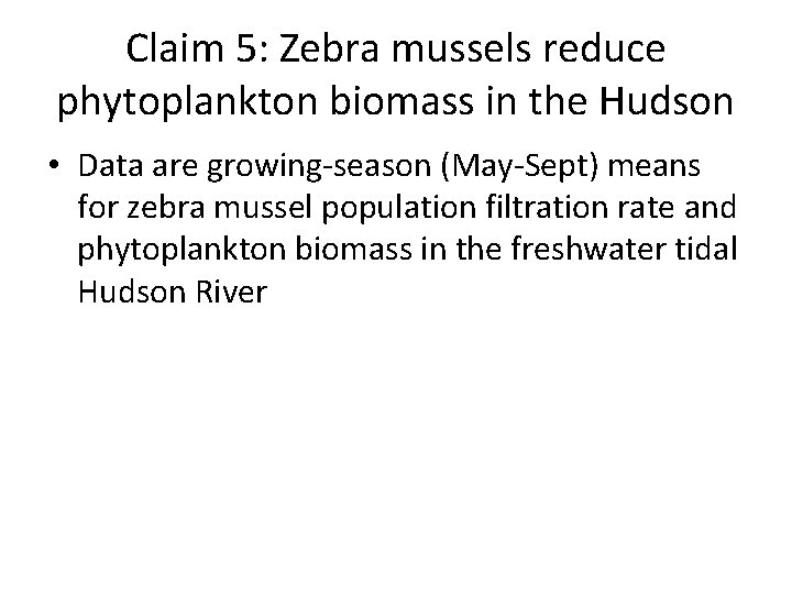 Claim 5: Zebra mussels reduce phytoplankton biomass in the Hudson • Data are growing-season